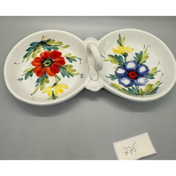 Vintage Beautiful Hand Painted Divided Dish Floral Handle Made In Italy Spring - Picture 2 of 10